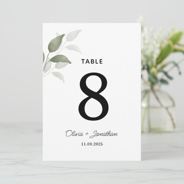 Green Watercolor Leaves Wedding Table Place Card (Standing Front)