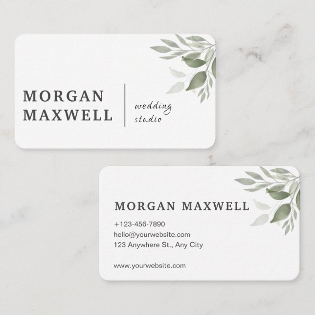 Green Watercolor Leaves Wedding White  Business Card (Front/Back)