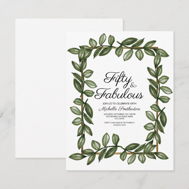 Green Watercolor Leaves White Gold 50th Birthday Invitation (Front/Back)