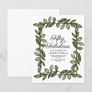 Green Watercolor Leaves White Gold 50th Birthday Invitation