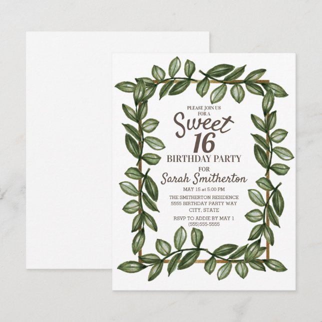 Green Watercolor Leaves White Gold Sweet 16 Invitation (Front/Back)