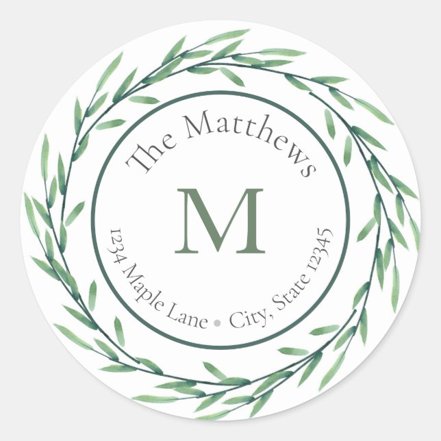 Green Watercolor Leaves Wreath labels (Front)