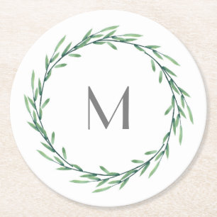 Green Watercolor Leaves Wreath Round Paper Coaster