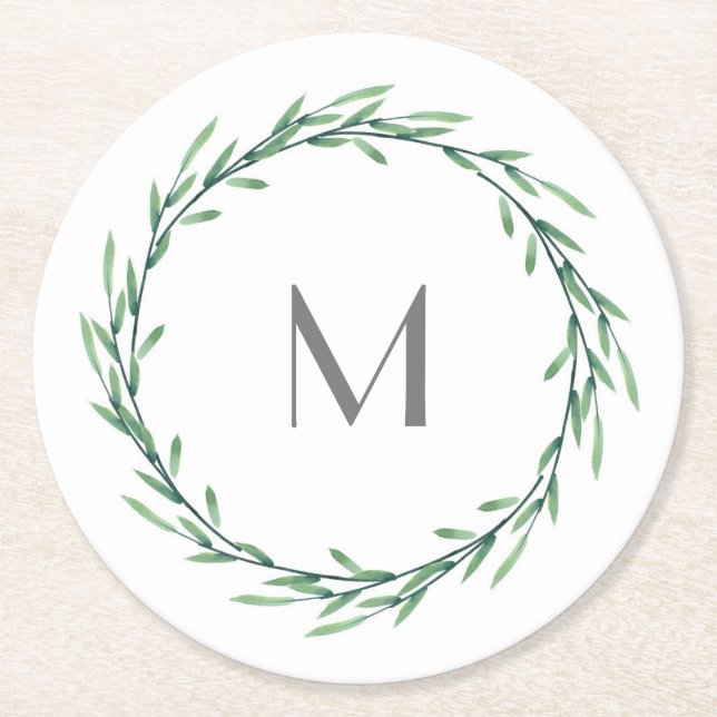 Green Watercolor Leaves Wreath Round Paper Coaster (Front)