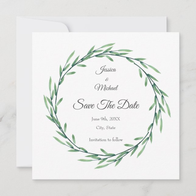 Green Watercolor Leaves Wreath Save The Date (Front)