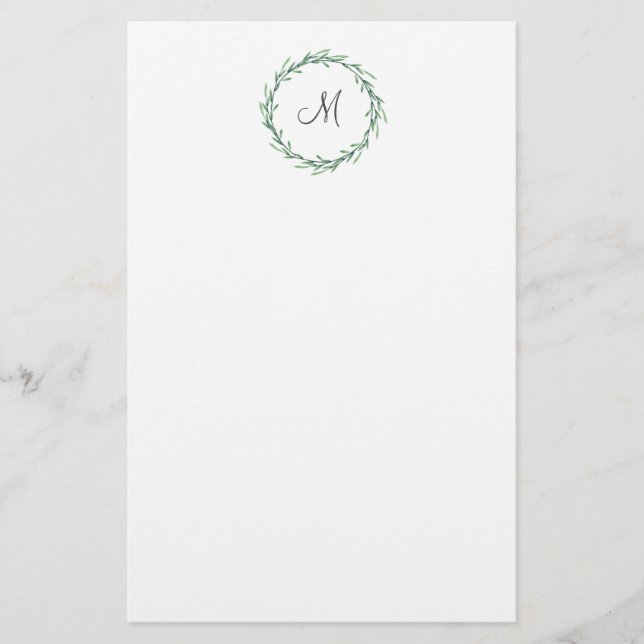 Green Watercolor Leaves Wreath Stationery (Front)