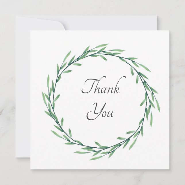 Green Watercolor Leaves Wreath Thank You Card (Front)