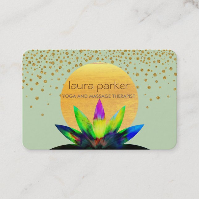 Green Watercolor Lotus Flower  Yoga Healing Health Business Card (Front)