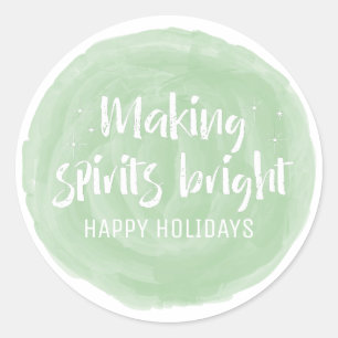 Green Watercolor Making Spirits Bright Holiday Classic Round Sticker