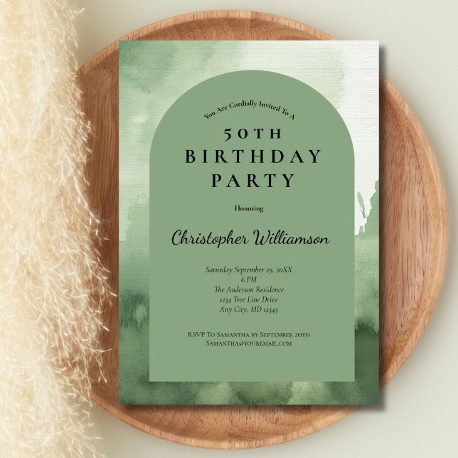 Green Watercolor Men's Modern Arch 50th Birthday Invitation (Green Watercolor Modern Arch 50th Birthday invitation for him)