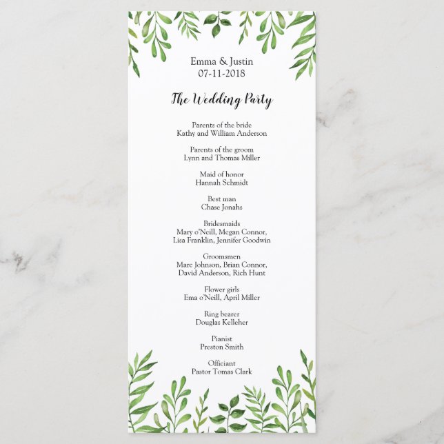 Green Watercolor Modern Botanical Wedding Rackcard Programme (Front)