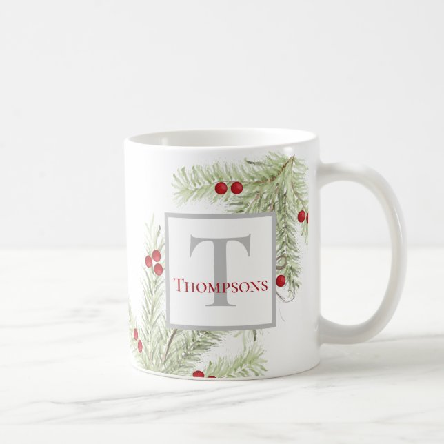 Green Watercolor Modern Holiday Christmas Monogram Coffee Mug (Right)