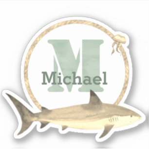 Green Watercolor Monogram, Name and Sepia Shark
