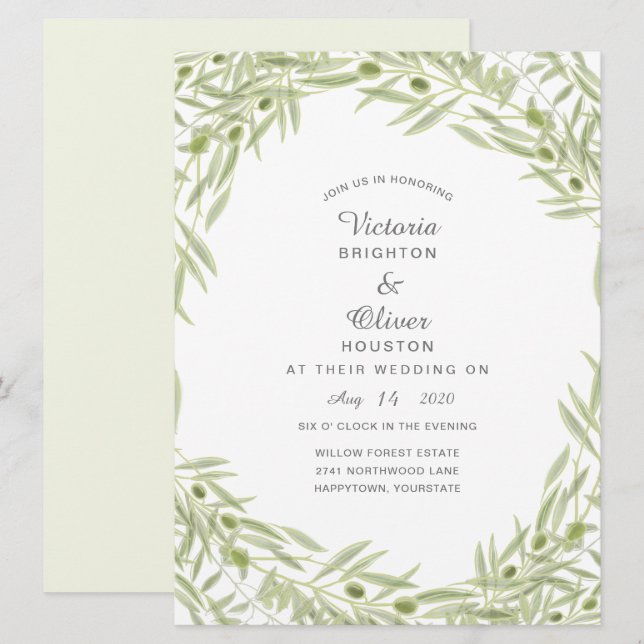 Green watercolor Olive branch Wedding Invitations (Front/Back)