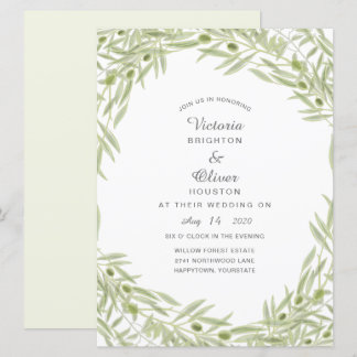 Green watercolor Olive branch Wedding Invitations