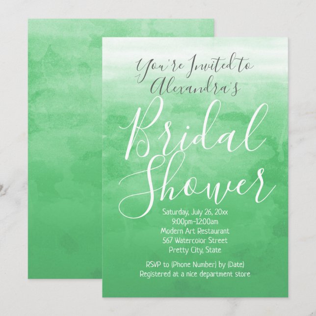 Green Watercolor Ombre Modern Bridal Shower Invitation (Front/Back)