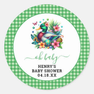 green Watercolor One Lucky Duck Boy 1st Birthday Classic Round Sticker