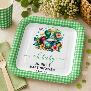 green Watercolor One Lucky Duck Boy 1st Birthday Paper Plate