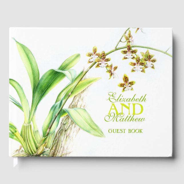 Green watercolor orchid art wedding guest book (Front)