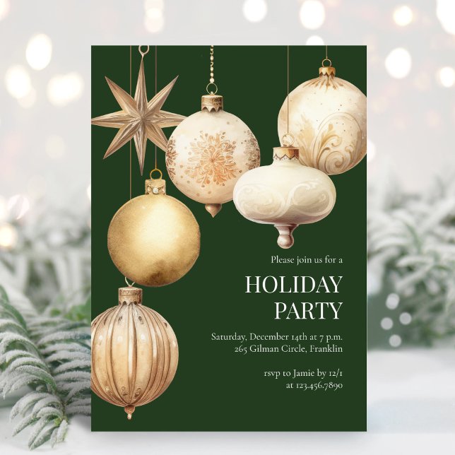 Green Watercolor Ornaments Holiday Christmas Party Invitation (Creator Uploaded)
