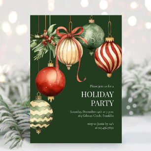 Green Watercolor Ornaments Holiday Christmas Party Invitation