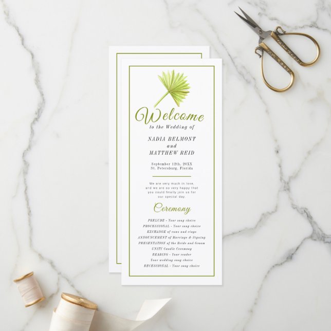Green watercolor palm frond leaf wedding ceremony  programme (Front/Back In Situ)