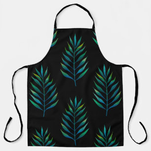 Green watercolor palm leaves on a black background apron