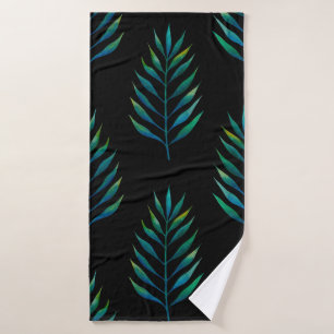Green watercolor palm leaves on a black background bath towel