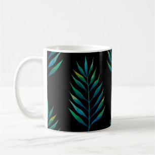 Green watercolor palm leaves on a black background coffee mug
