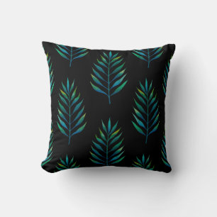 Green watercolor palm leaves on a black background cushion