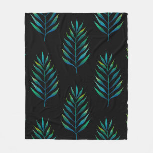 Green watercolor palm leaves on a black background fleece blanket