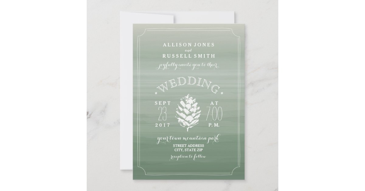 Green Watercolor & Pine Cone Rustic Wedding Invitation | Zazzle
