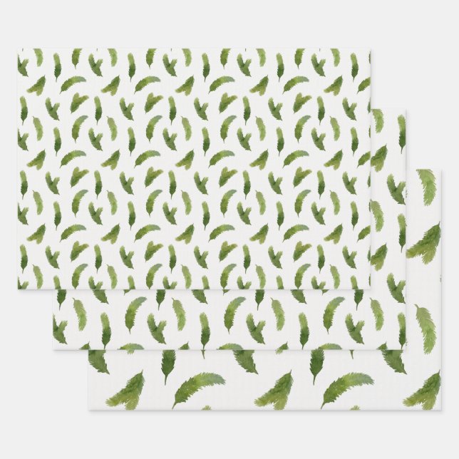 Green Watercolor Pine Tree Branches Christmas Wrapping Paper Sheet (Set)