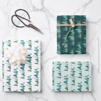 Green Watercolor Pine Tree Line Christmas Tree Wrapping Paper Sheet