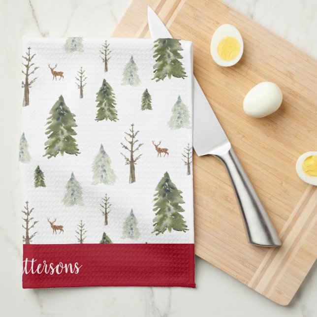 Green Watercolor Pine Trees Patterned Tea Towel (Quarter Fold)