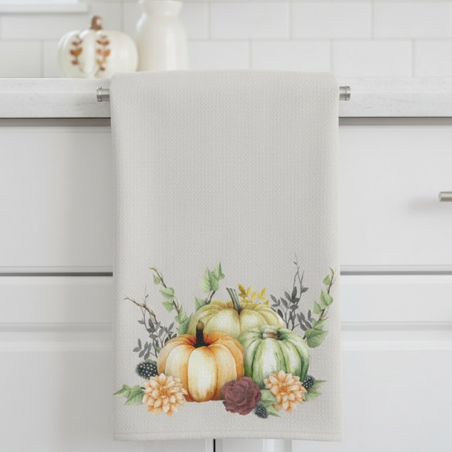 Green Watercolor Pumpkin Gold Dots Autumn Tea Towel (Creator Uploaded)