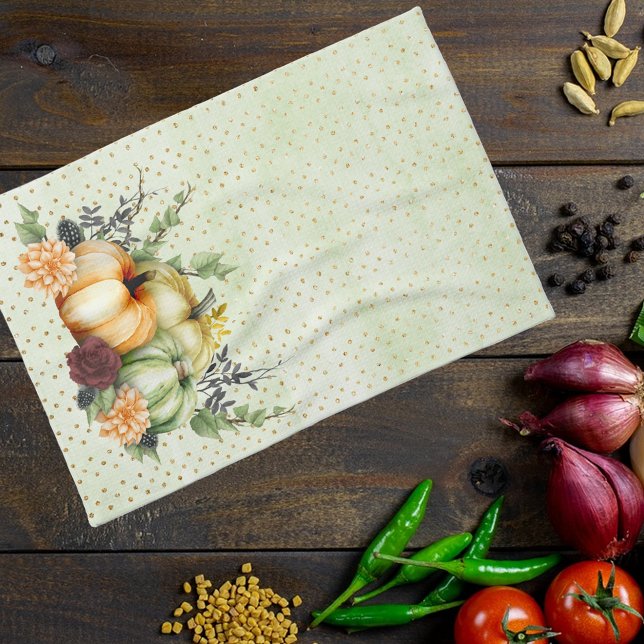 Green Watercolor Pumpkin Gold Dots Autumn Tea Towel (Creator Uploaded)