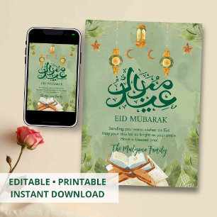 Green Watercolor Quran & Mosque Eid Greeting Card