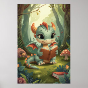 Green Watercolor Reading Baby Dragon Woodland Poster