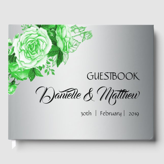 Green Watercolor Roses on Silver Wedding  Guest Book (Front)