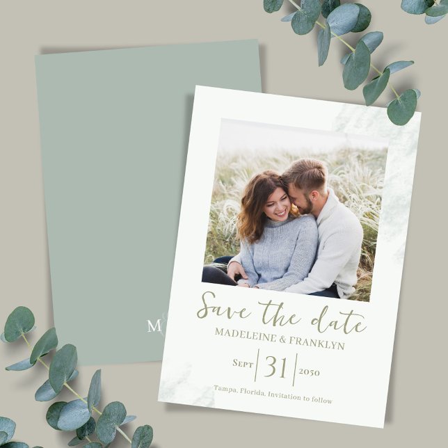 Green Watercolor Save the Date Photo Wedding Invitation (Simple watercolor green Save the Date card template.)