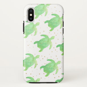 Green Watercolor Sea Turtles Pattern Gold Sparkles iPhone X Case