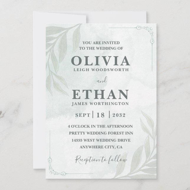 Green Watercolor Simple Minimalist Wedding  Invitation (Front)