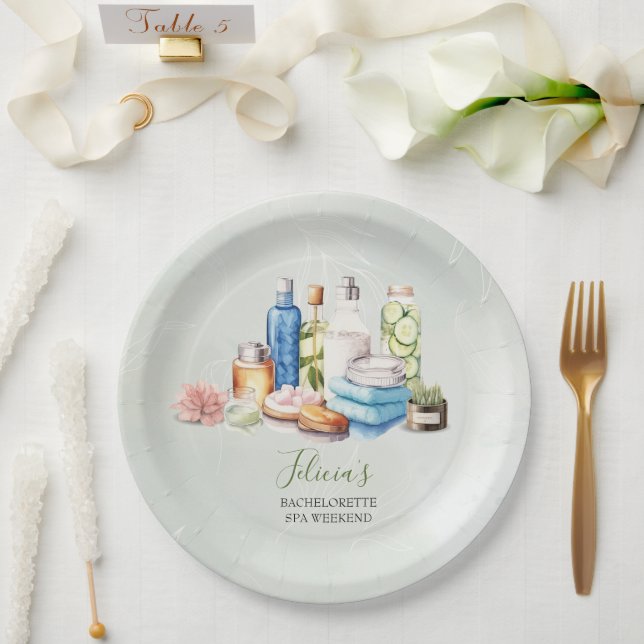 Green Watercolor Spa and Wellness Bachelorette Paper Plate (Wedding)