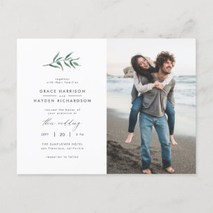 Green Watercolor Sprig Minimalist Photo Wedding Invitation Postcard