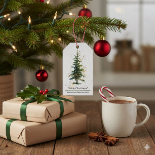 Green Watercolor Spruce Merry Christmas White Gift Tags