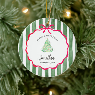 Green Watercolor Stripes Baby First Christmas Ceramic Tree Decoration