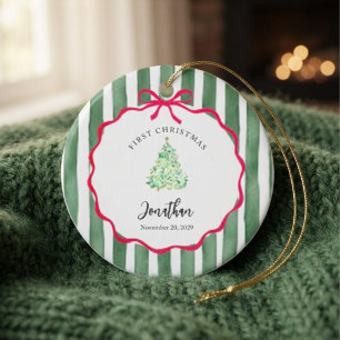Green Watercolor Stripes Baby First Christmas Ceramic Tree Decoration