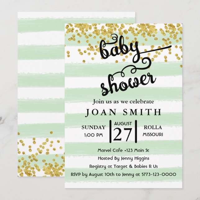 Green Watercolor Stripes Baby Shower Invitation (Front/Back)