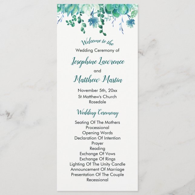 Green Watercolor Succulent Wedding Programs Programme (Front)